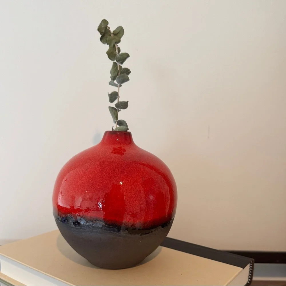 Crate&Barrel Red and Black Reactive Ceramic Bud Vase